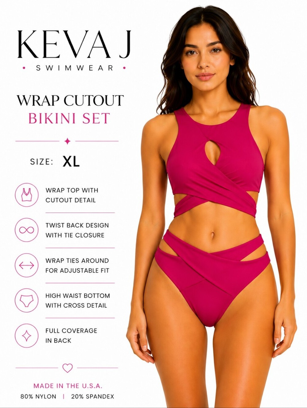 Keva J Jayde Wrap Bikini Swimsuit Set – Fuchsia Pink – XL – NWT